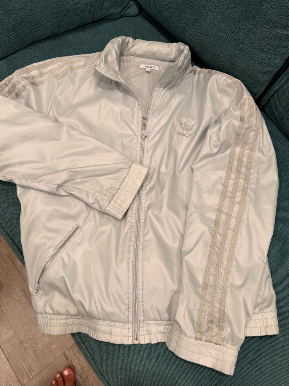 adidas Men’s Pale Gray Windbreaker Jacket with Beige Stripes